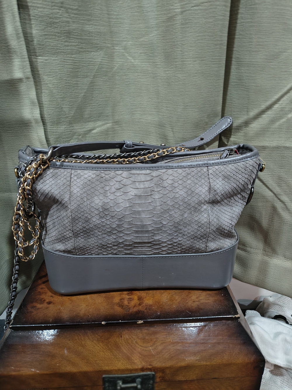 Gray Textured Leather Shoulder Bag with Chain Strap